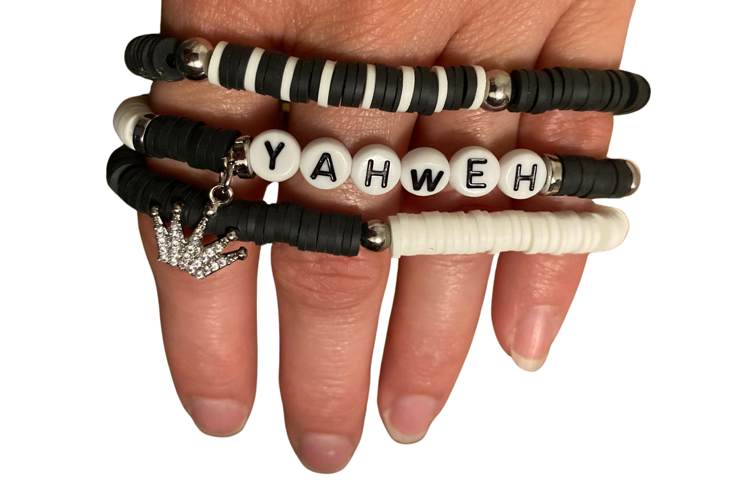 "YAHWEH" Bracelet | Silver Crown | Set of 3 | 6mm Heishe Beads